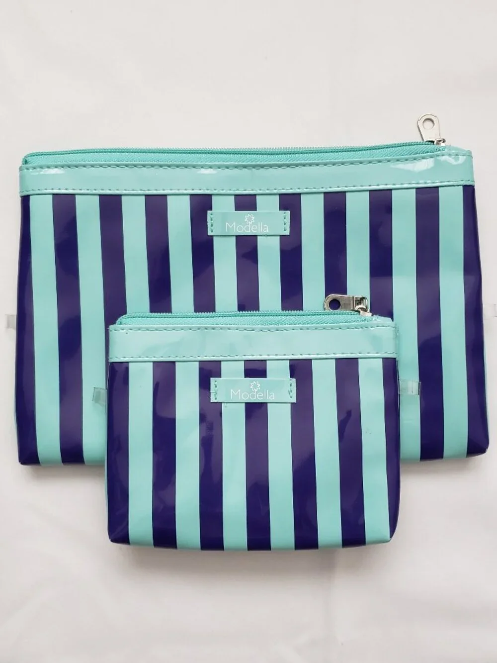 Modella navy & mint stripe travel make up cosmetic matching bag set
